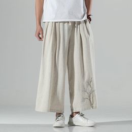 Pants MRGB Cotton Linen Men's Ankle Length Pants 2023 Spring Summer Basic Casual Men Trousers Chinese Embroidery Women Wide Leg Pants