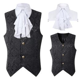 Vests Mens Black Victorian Suit Vest Steampunk Gothic Brocade Waistcoat Men Renaissance Costumes Party Halloween Vests with Jabot Tie