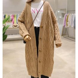 Sweaters Knitted Cardigan Women Khaki White Autumn Winter Patchwork 2022 Elegant Loose Long Outerwear Maxi Y2k Sweater Coat Soft Jacket