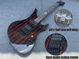 Electric Guitar Solid Black With Red Strip Lines HH Black Open Pole Pickup With Floyd Rose Style Tremolo Whie Pearl Skull Inlay