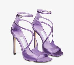 Summer New Taro Purple Satin High Heels Stiletto Open Toe Sandals Square Toe Buckle Strap Sexy All-Match Women'S Shoes 41