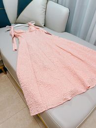 2023 Summer Pink Solid Colour Pearl Beading Jacquard Dress Spaghetti Strap Sweetheart Neck Ribbon Midi Casual Dresses Y3M256489