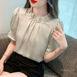 Women's T Shirts 2023 Summer Satain Tshirt Women Elegant Slimming Solid Color Stand Collar Flower Beaded Pullover Short Sleeve Top