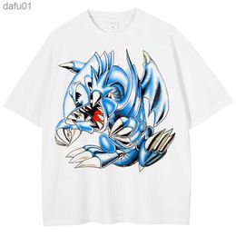 Harajuku Streetwear Fashion T-Shirt Blue Dinosaur Print T Shirt Summer Cotton Casual Tshirt Men Hip Hop Short Sleeve Tops Tees L230520