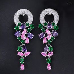 Dangle Earrings 2023 Costume Jewellery Silver Colour Beautiful Long Drop Multicoloured CZ For Women