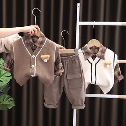 Spring Autumn Children Knitted Vest Plaid Shirt Pants Baby Boys Clothing Sets Toddler Infant Clothes Outfit Kids Sportswear