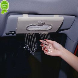 New Creative Crystal Tassels Car Tissue Holder Bag Sun Visor Hanging Diamond Crown Leather Auto Tissue Paper Box For Car Accessories