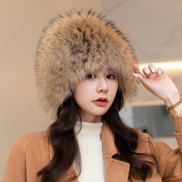Women's Real Fox Fur Hat Knitted Warm Snow Elastic Beanie Bowler Hat Woven Round Cap