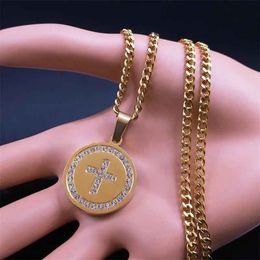 Pendant Necklaces Hip Hop Christian Cross Crystal Necklace Women Stainless Steel Gold Colour Round Jewellery