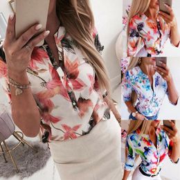 Women's Blouses S-XXL Fashion Womens V-Neck Half Sleeve Loose Floral Shirts Ladies Plain Summer Casual Button Blouse Tops Office Shirt