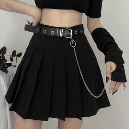 Dresses Black Pleated Skirt with Chainbelt Punk Rock Girl Cheerleading Belted Mini Skirt Alt Women Egirl Outfit