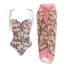 Women's Swimwear Pink Suspender Printed Fashion One Piece Swimsuit 2023 Women Halter Sexy Bikini Irregular Square Lace Up Elegant Cover