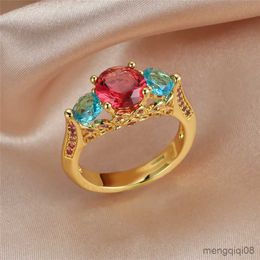 Band Rings Charm Female Red Blue Crystal Ring Yellow Gold Color Wedding For Women Luxury Round Zircon Engagement