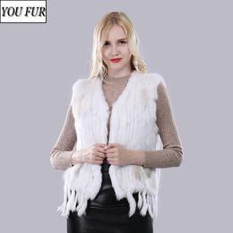 Fur 2022 Hot Sale Winter Women Real Rabbit Fur Vest With Tassel Lady Hand Knit 100% Real Rabbit Fur Jacket Real Fur Sleeveless Coat