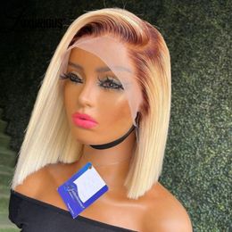 Platinum Blonde Ombre Short Bob Wig Straight Lace Front Human Hair Wigs For Women Middle Part Pre Plucked Synthetic Lace Frontal Wig