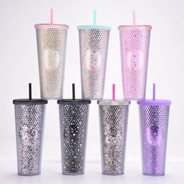 Express! Double Layer Transparent Scallion Plastic Tumblers with Straw Large Capacity Creative 710ml Ombre Glitter Acrylic Tumblers Hand Cups A0119