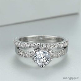 Band Rings Romantic Female Love Heart Ring Set White Zircon Round Engagement Trendy Silver Color Wedding Sets For Women