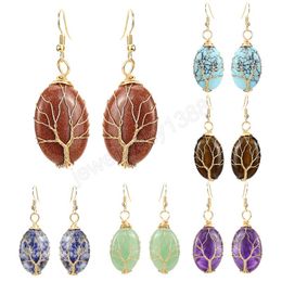 Fashion Handmade Woven Tree of Life Metal Wire Wrapped Dangle Earrings for Women Girls Gold Color Oval Geometric Earrings