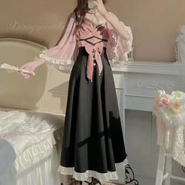 Dresses Summer Dresses Woman 2022 Bow Patchwork Vintage Ruffle Skirt Fairy Style Long Dress Women Cosplay Fashion Vestidos