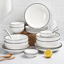 Plates 1pc White Dinner Plate Set Ceramic Kitchen Tableware Dishes Rice Salad Noodles Bowl Soup Cook Tool