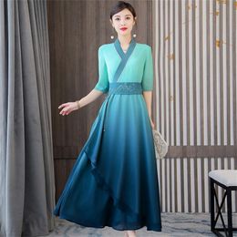 Dresses Antique Hanfu Female Chinese Style Summer Retro Embroidered Long Dress Han Element Vneck Half Sleeve Chiffon Zen Clothing H361