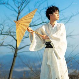 Ethnic Clothing 2Pcs Japanese Kimono Traditional Man Samurai Harajuku Yukata Solid Colour Stripe Casual Black Obi Belt Long Sleeve 2023