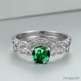 Band Rings Green Zircon Round Double Ring Dainty Crystal Female Wedding Set Silver Colour Bridal Sets For Women Jewellery