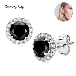 Serenty Day 100% S925 Sterling Silver Four Claw Stud Ear Inlaid 1.6 Carat a Pair Black Moissanite Earring Fine Jewellery For Women