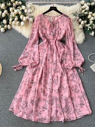 Casual Dresses Spring Autumn Women Printed Chiffon Long Dress Vintage Purple/Orange/Yellow O-Neck Puff Sleeve Vacation Beach Vestidos