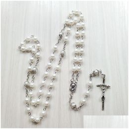 Pendant Necklaces Vintage Jesus Cross Rosary Necklace White Acrylic Long Religious Pray Jewellery Drop Delivery Pendants Dhftz