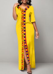 Ethnic Clothing Yellow Dress Loose V-Neck Pullover Split Short Sleeved Temperament Commuter Dress