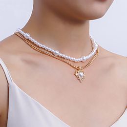 designer necklace fashion double-layer imitation pearl love pendant necklace woman, Spice Girl with a string of beads necklace pendant necklace wholesale