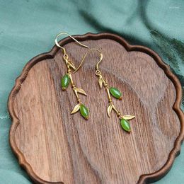 Dangle Earrings Natural An Jasper Salix Leaf Earings For Women Classic Long Fresh Eardrop Ancient Gold Craft Charm Engaged Jewellery