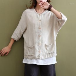 Women's Blouses Chinese Style Line Shirt Women O-neck Long Sleeve Linen Blouse Vintage Original Design Kawaii Cute Solid Tops 2023