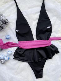 Set Sexy Black Colour One Piece Swimsuit Deep V Neck Swimwear Contrast Colour Bow Tie Bathing Suit Women Beach Style Girl Swim Wear