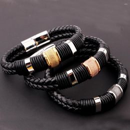 Link Bracelets Charms Stainless Steel Silver Color/Gold Color/Rose Jewelry Black Leather Wristband Men Women Bracelet 8.46''