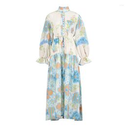 Casual Dresses 2023 French Style Vintage Floral Dress For Young Women Female Single-breasted Puff Sleeves Waisted Long Ladies Boutique