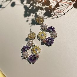 Stud Earrings Personalized Fashion Flower Cluster Silver Needle Forest Iris Colorful Zircon Women's Long