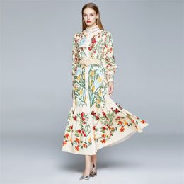 Basic Casual Dresses Autumn Runway Maxi Dress Women's Long Sleeve Stand Gorgeous Flower Print Long Dress Female Buttons up Sashes Holidays Dress 230531