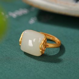 Cluster Rings White Jade Stone Amulets Talismans Jewelry Women 925 Silver Gemstone Charms Real Chinese Natural Carved Adjustable Ring