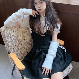 Casual Dresses Preppy Style Sweet Two-piece Sets Women 2023 Summer White Knitted Short-sleeve Vintage Black Dress Prom