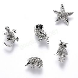 Lovely Crystal Rhinestone Animal Brooch Owl Hedgehog Starfish Clothes Lapel Pin For Women Jewelry Silver Color Alloy Brooch
