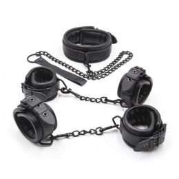 Leather Padded Hands Cuff Ankle Cuffs Neck Collar Set BDSM Bondage Retraint Cosplay Costume Accessories Roleplay