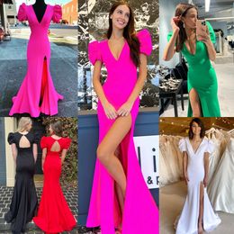 Fitted Prom Dress 2k23 Short Puff Sleeves Slit Fuchsia Crepe V-Neck Lady Pageant Gown Winter Formal Evening Party Wedding Guest Red Capet Runway Mother of the Bride