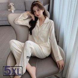 Women's Sleepwear OverSize 5XL Women's Silk Pajamas Houndstooth Print Black Plaid Ladies' Pyjamas Luxury Nightshirt Cardigan Korean