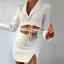 Two Piece Dress Small Suit Two-Piece 2023 Autumn Micro Slit Lace-Up Half Skirt Ins One Button