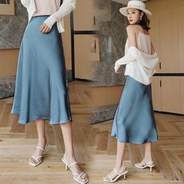 Dresses Summer Silk Midi Skirts Womens Korean England Style Satin Office Lady Simple Solid Elegant Faldas Mujer Moda Long Skirts Womens