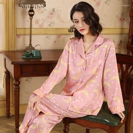 Women's Sleepwear Sexy Turn-down Collar Sleep Suit Banana Print Satin Lady Pajamas Sets Long Sleeve 2pcs With Pocket Casual Nightwear