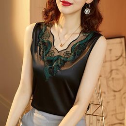 Tanks M5XL Koreanische mode Satin Weißes hemd Patchwork Frauen spitze Tops Vneck Mode Sommer Tank Tops Blusa