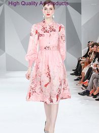 Casual Dresses Elegant Woman Dress Spring 2023 Runway Fashion Lantern Sleeve Floral Print Pink Sweet Party Robe Belt Aline Holiday